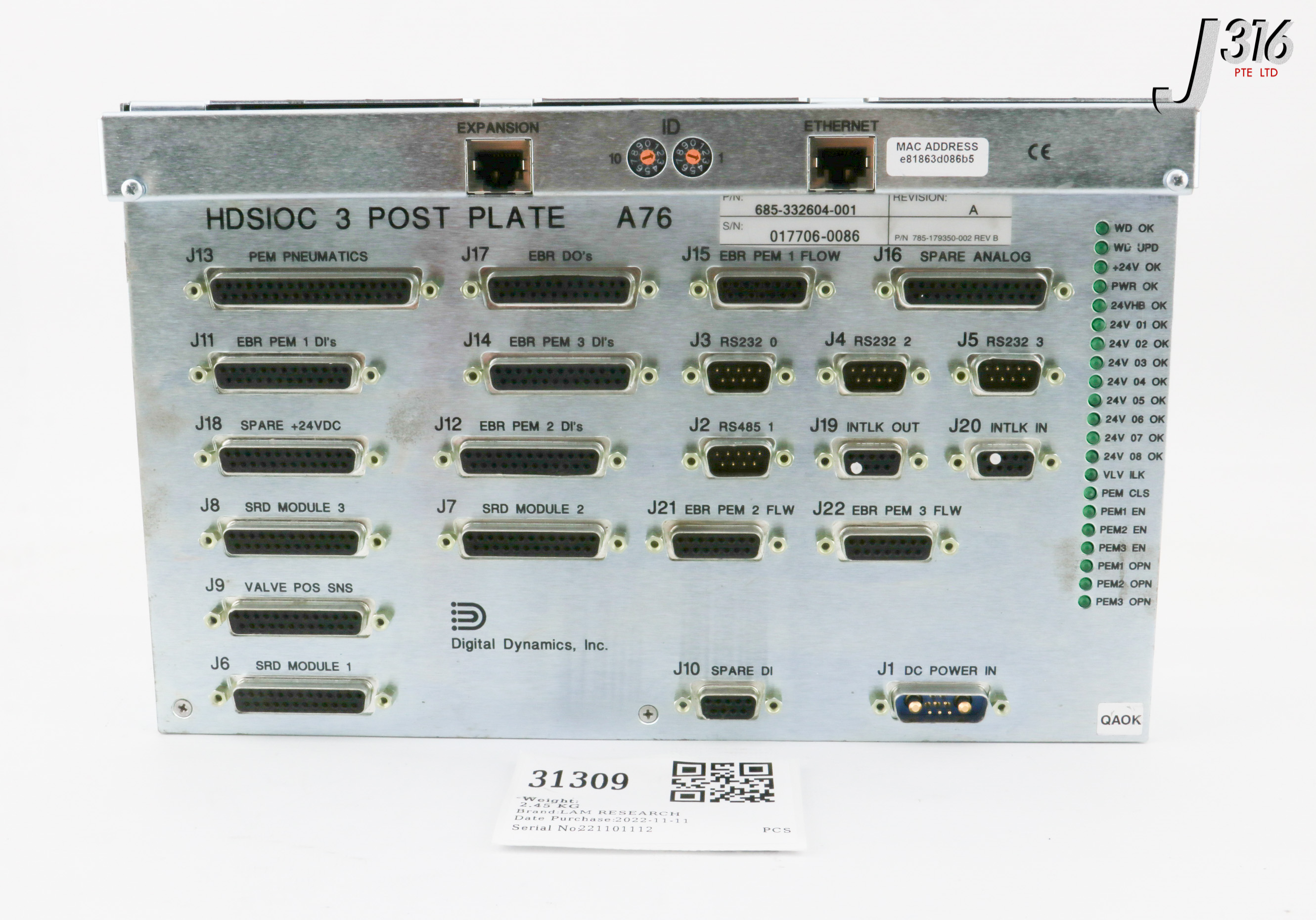 31309 LAM RESEARCH CONTROLLER ASSY, HDSIOC 3 POST PLATE 685-332604